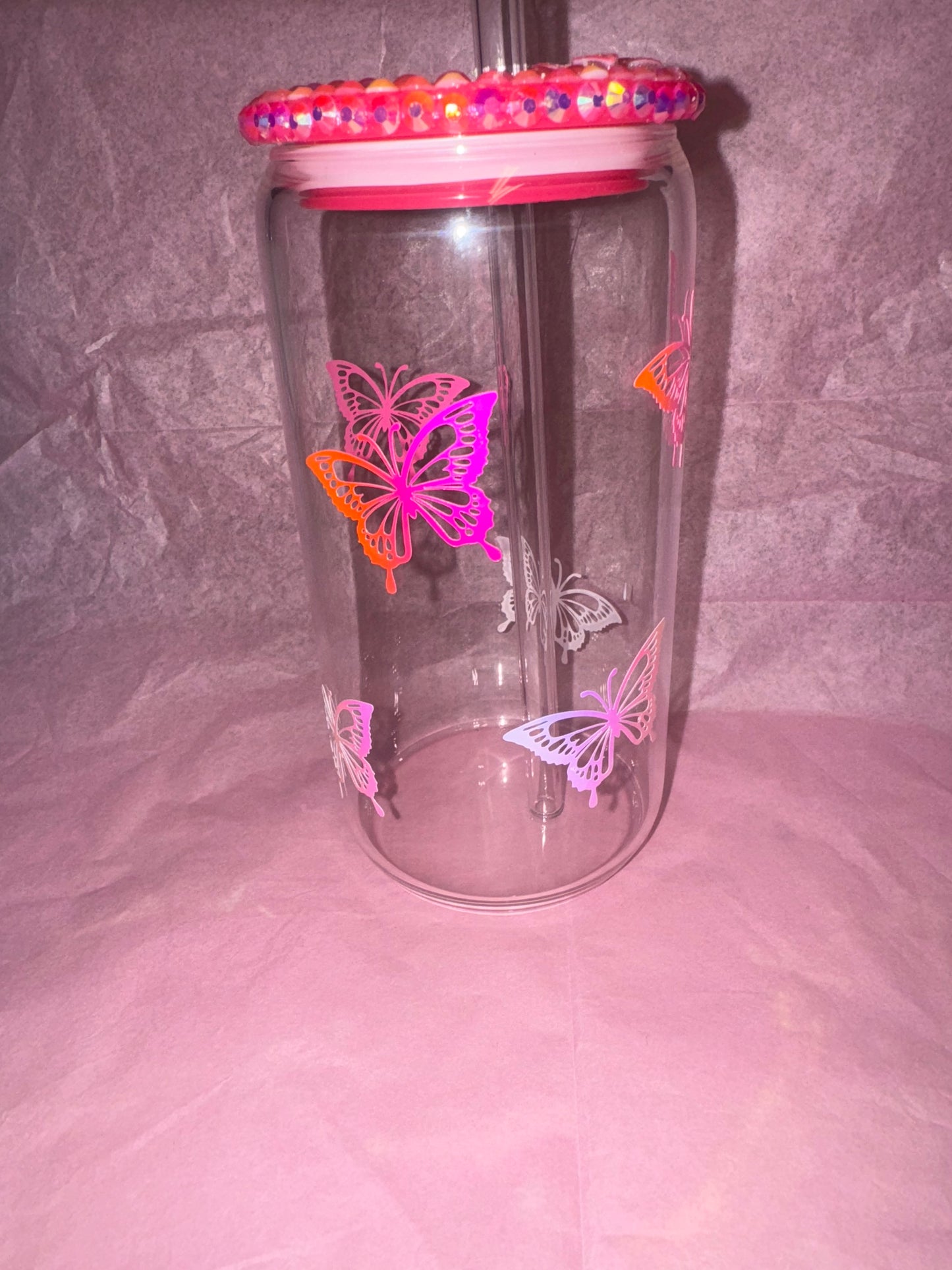16 Oz Butterly Glass Can & Bling Lid