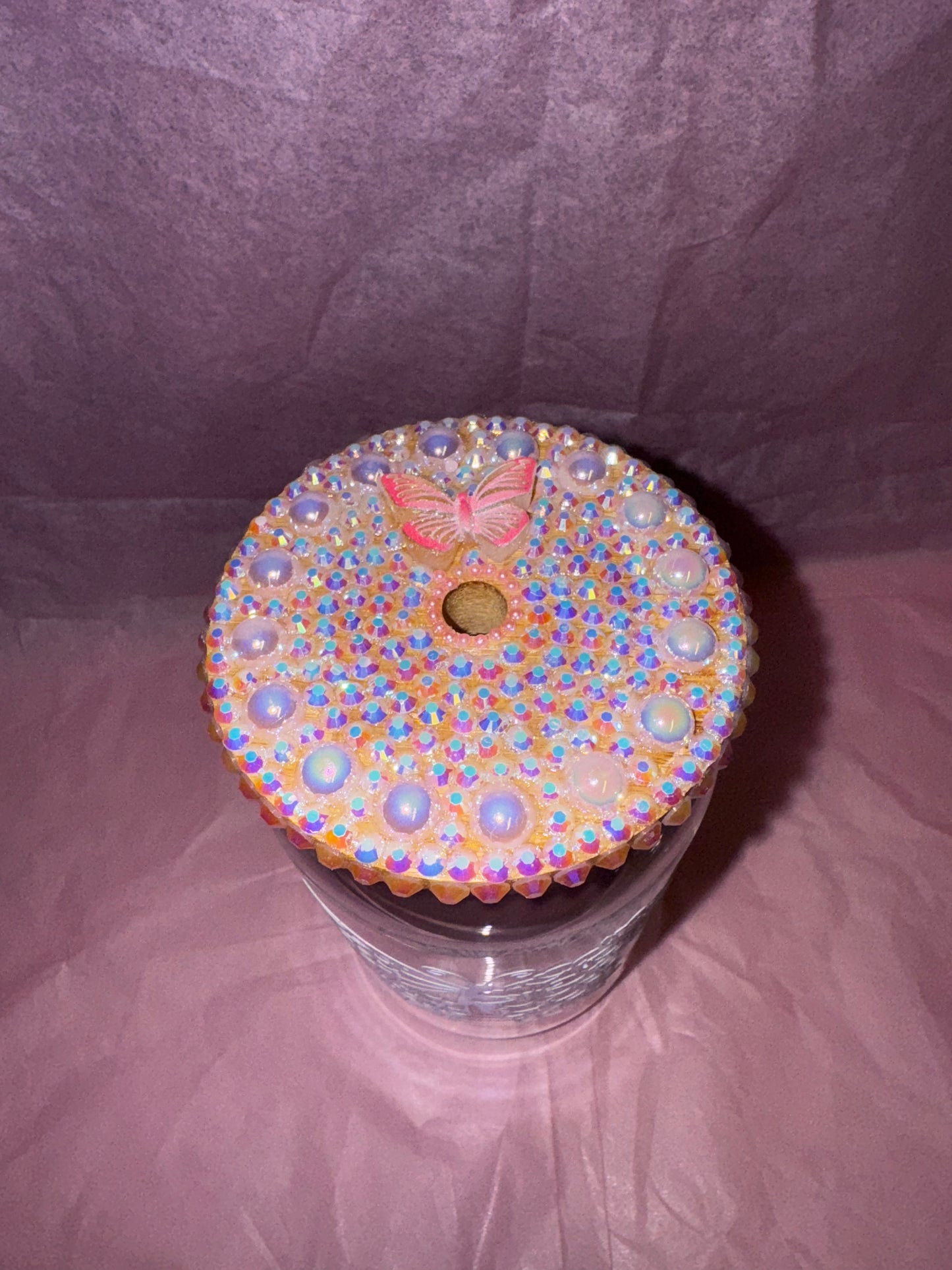 Glass Can - Vinyl Butterly & Bling Bamboo Lid