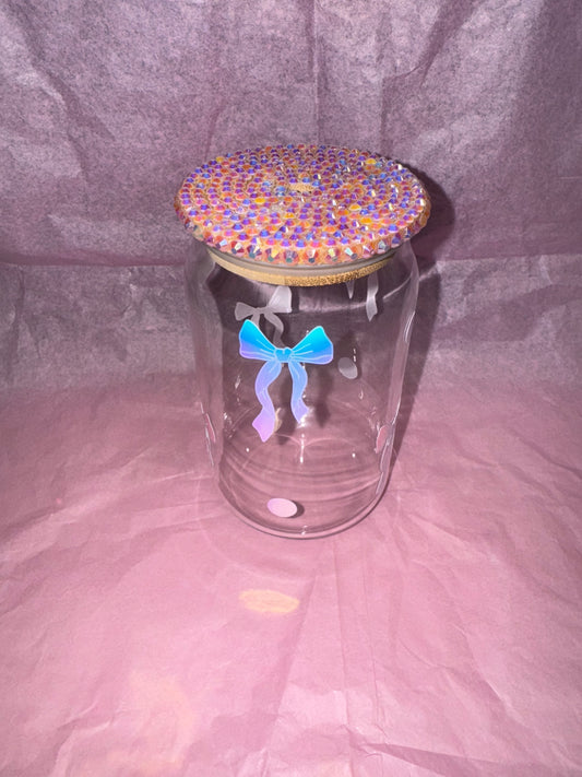 Glass Can - Bow Vinyl Print & Bling Bamboo Lid