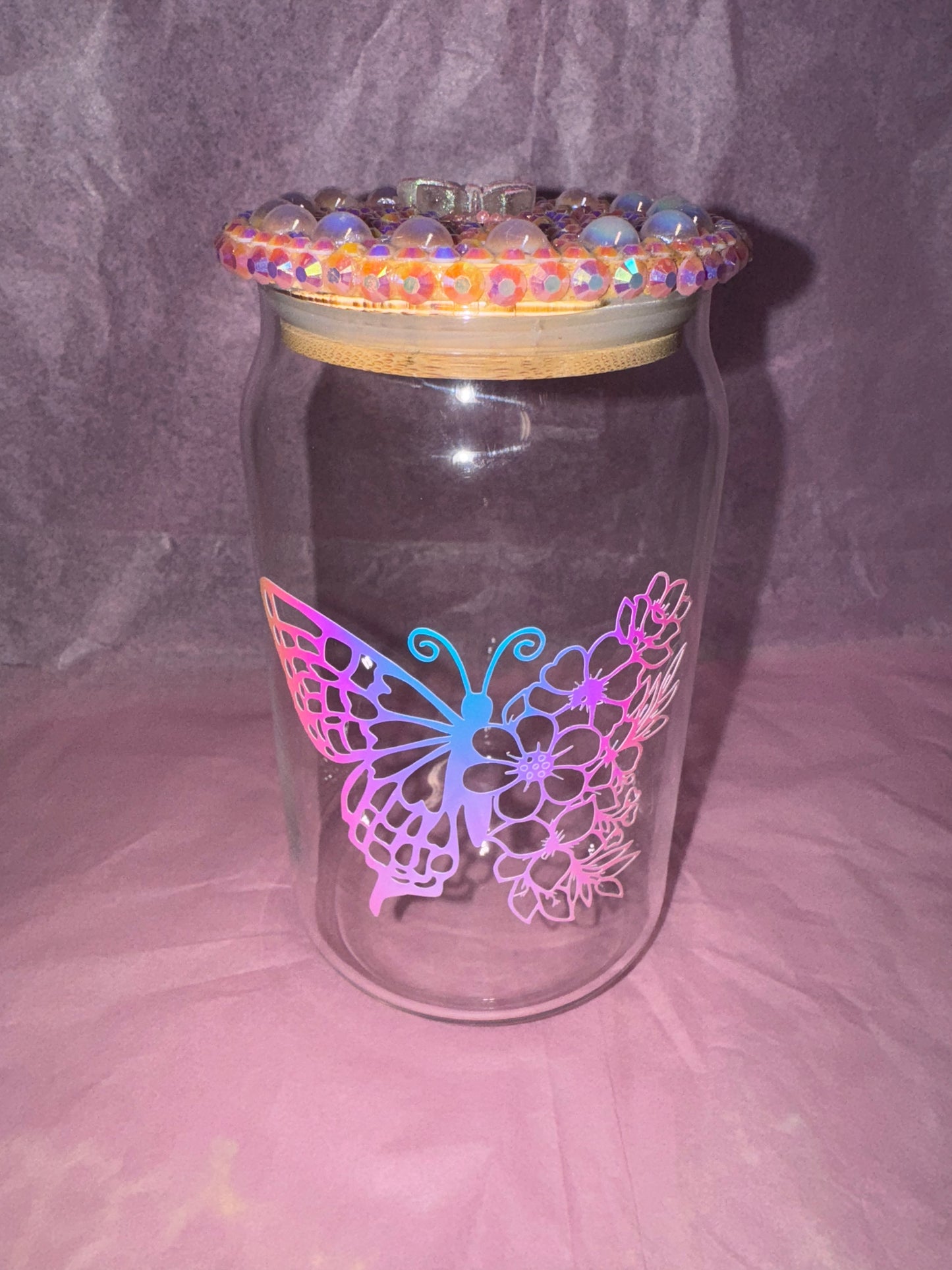Glass Can - Vinyl Butterly & Bling Bamboo Lid